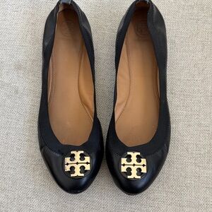 Tory Burch Black Flats with Gold Logo